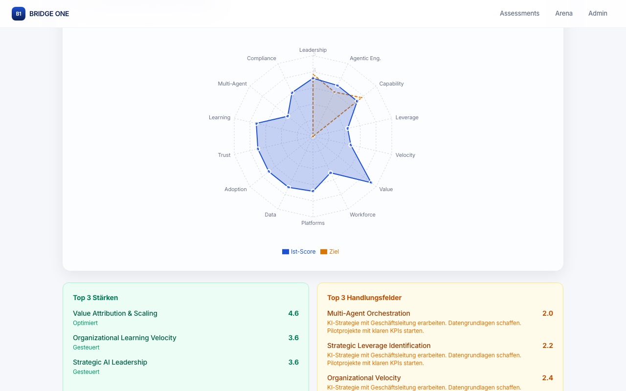 BRIDGE ONE Assessment: Reifegrad als Polygon, Ist gegen Ziel